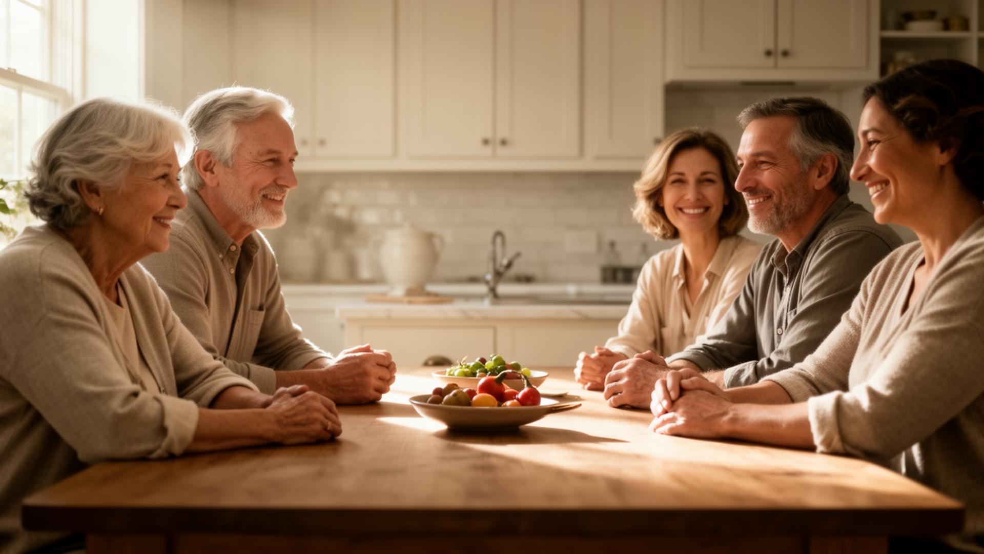 A multigenerational family gathered around a sunlit kitchen table, sharing a warm, candid moment together