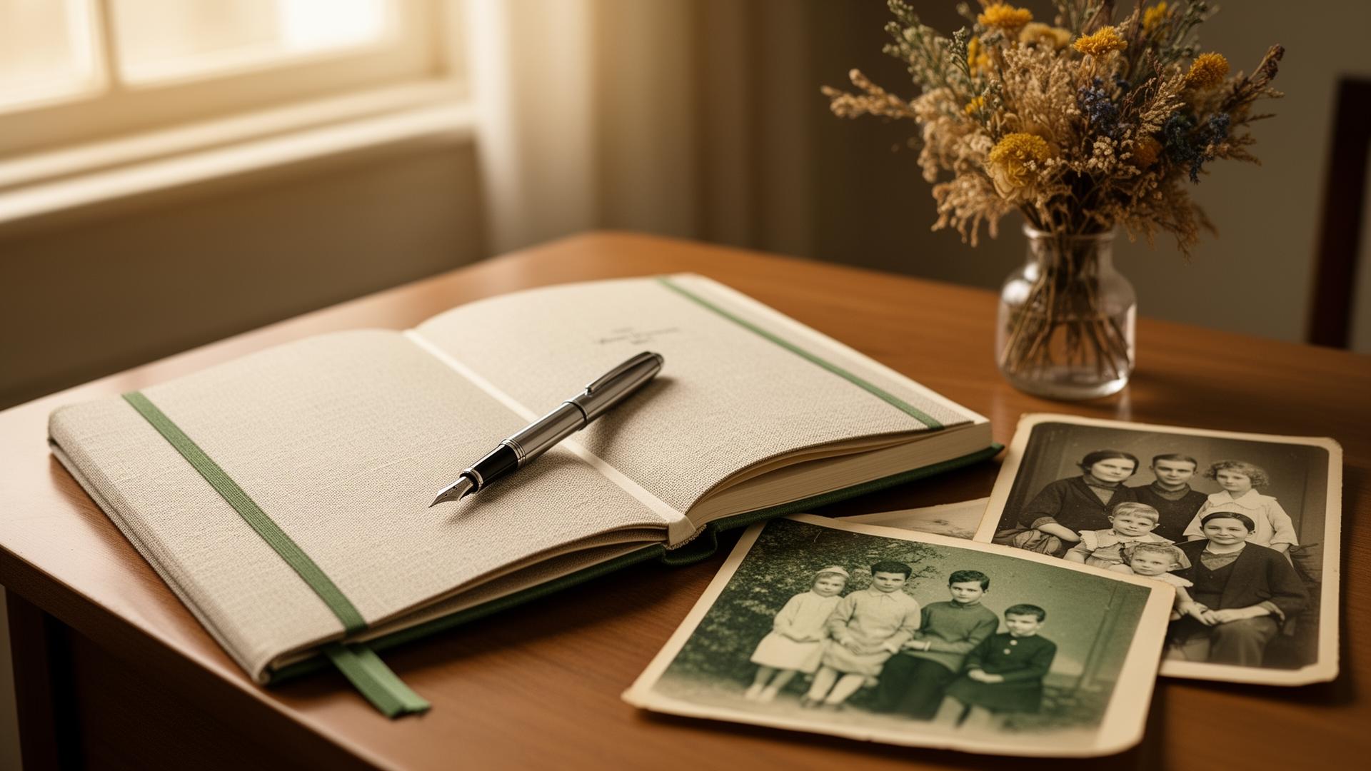 A quiet study with an open journal and family photographs